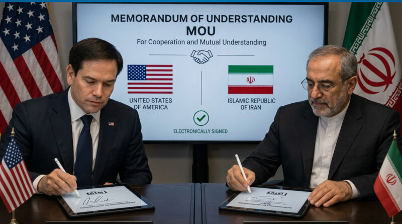 United States and Iran digitally sign a peace agreement, marking a significant diplomatic development. 🤝💻🌍✨🕊️