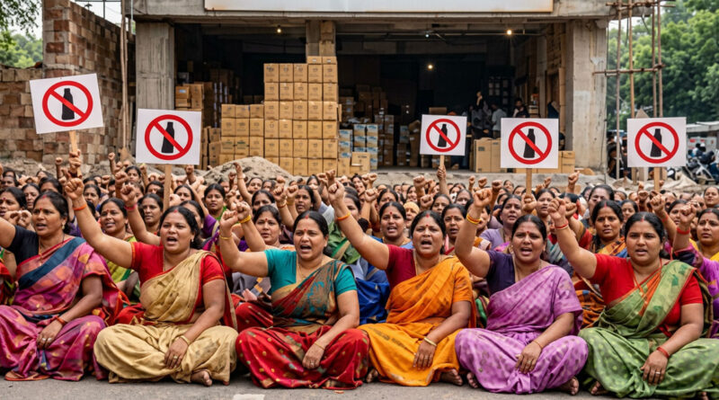 Women stage a protest and gherao the District Collector's office, opposing the proposed liquor shop. 🚩👩👩👧👦🏛️🍾🚫