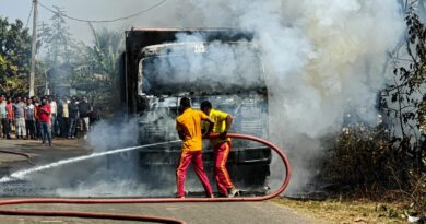 A truck loaded with GI wires caught fire and was completely gutted, while the driver and helper narrowly escaped unharmed.