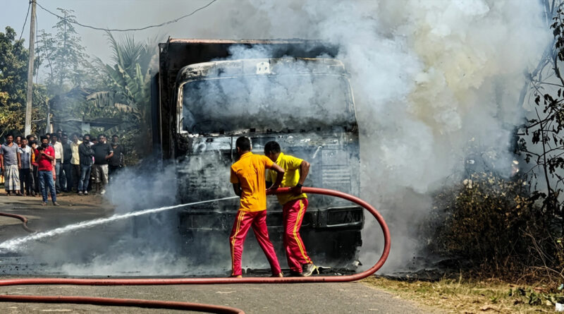 A truck loaded with GI wires caught fire and was completely gutted, while the driver and helper narrowly escaped unharmed.