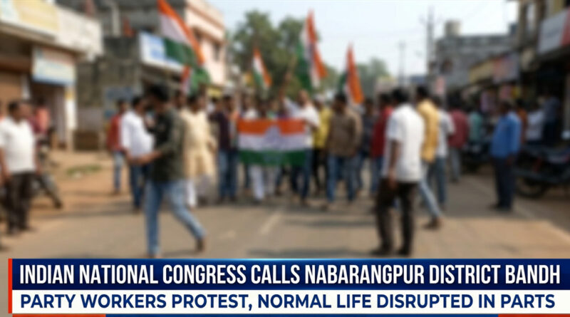 Indian National Congress has called for a Nabarangpur district bandh, with party workers staging protests over their demands and disrupting normal life in parts of the district.