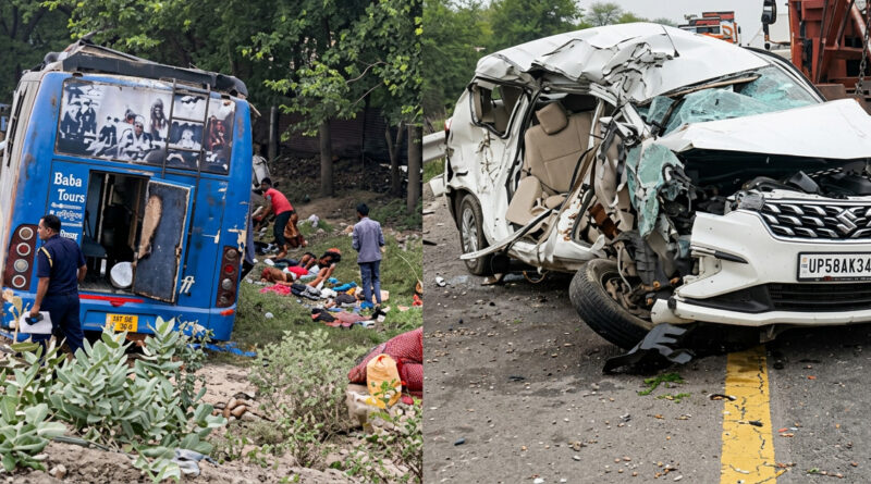 A bus and a car collided on the Agra–Lucknow Expressway, leaving five people dead and eight others injured in the tragic accident