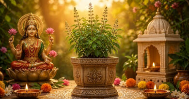 According to Hindu tradition, Goddess Lakshmi is believed to reside in the sacred Tulsi (Holy Basil) plant, making it a symbol of prosperity, purity, and divine blessings. Devotees worship Tulsi to seek peace, wealth, and spiritual well-being.
