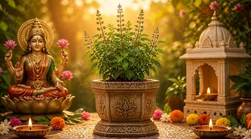 According to Hindu tradition, Goddess Lakshmi is believed to reside in the sacred Tulsi (Holy Basil) plant, making it a symbol of prosperity, purity, and divine blessings. Devotees worship Tulsi to seek peace, wealth, and spiritual well-being.